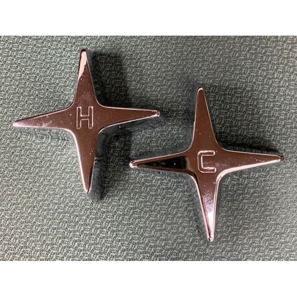 Vintage chrome-plated metal hot and cold atomic star cross style faucet handles
